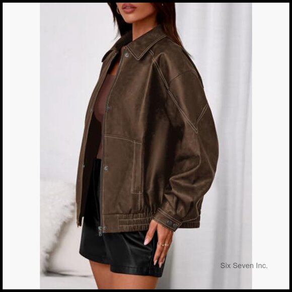 Faux Leather Bomber Jacket Women Oversized Moto Biker Zip Up - Picture 3 of 7